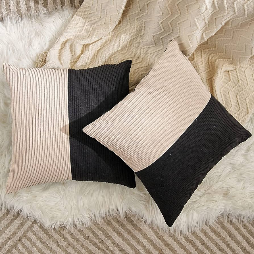 Avigers Pack of 2 Black Beige Pathwork Corduroy Cushion Cases Luxury Modern Square 20 x 20 Inch T... | Amazon (US)