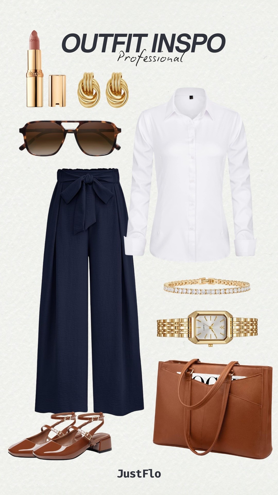 ✨ PROFESSIONAL OUTFIT INSPO ✨

If you want to look polished, powerful, and put-together without trying too hard… this is the look 🤍

Crisp white button-down + high-waisted navy wide-leg trousers = instant confidence. The tie waist gives shape, the flowy leg elongates, and the whole vibe says “she knows what she’s doing.”

Paired with:
🤎 Cognac structured tote (fits laptop + life)
🤎 Matching block heel slingbacks
✨ Gold statement earrings + watch
🕶 Classic sunnies
💄 Neutral lip for that clean girl professional finish

This is perfect for:
• Office days
• Client meetings
• Conferences
• Travel days when you still need to look elevated

It’s timeless, flattering, and easy to mix + match with pieces you already own. Save this for your next work outfit and shop everything linked 💻✨

#Outfit #ootd #ootn #professional #professionaloutfit #LTKWorkwear #LTKStyleTip #LTKUnder100 #LTKOfficeStyle #WorkwearInspo #WomenInBusiness #BossStyle #JustFlo

#LTKSaleAlert #LTKootd #LTKWorkwear
