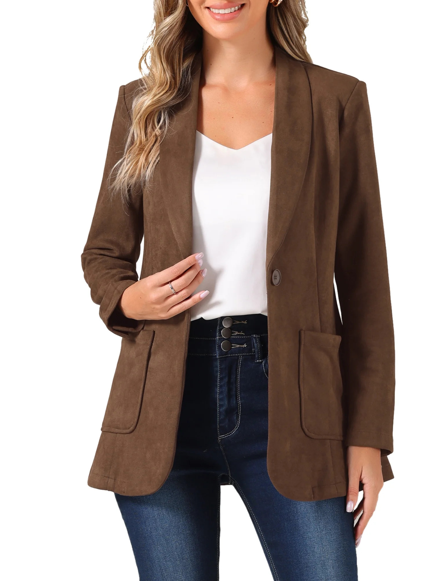 Allegra K Faux Suede Blazer for Women s Lapel Collar One Button Dressy Suit Jacket | Walmart (US)