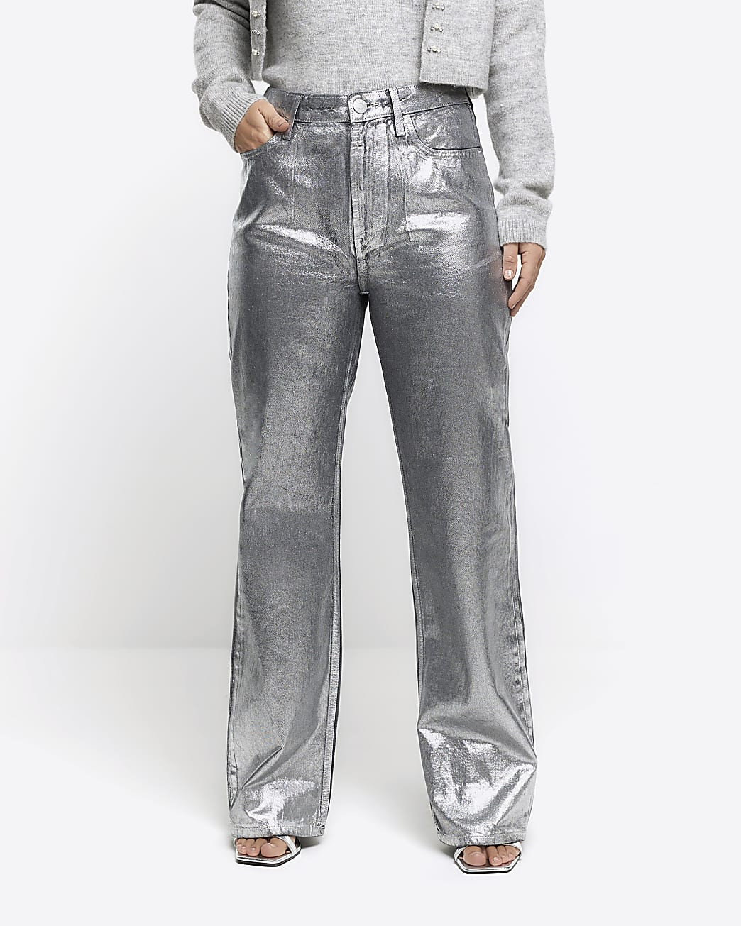 Silver high waisted straight coated jeans | River Island (UK & IE)