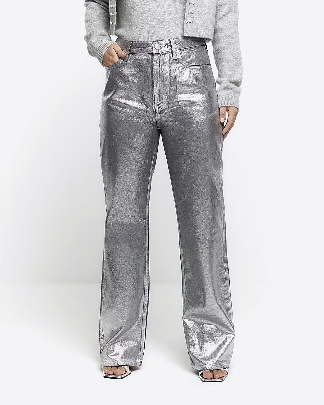 Silver high waisted straight coated jeans | River Island (UK & IE)