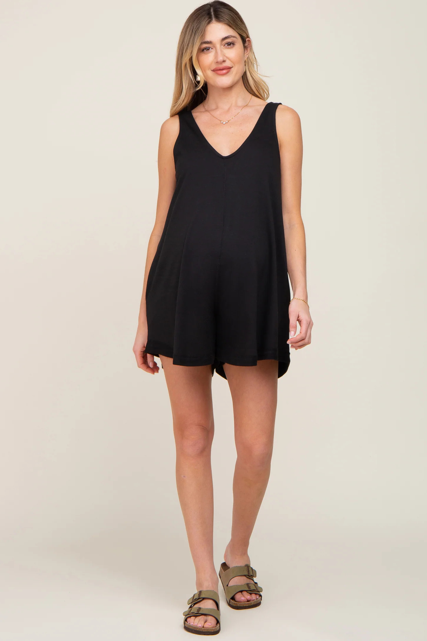 Black Rounded V-Neck Sleeveless Maternity Romper | PinkBlush Maternity