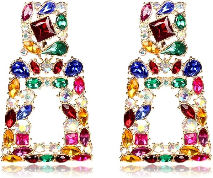 Rhinestone Rectangle Dangle Earrings for Women Sparkly Crystal Geometric Drop Statement Earrings ... | Amazon (US)