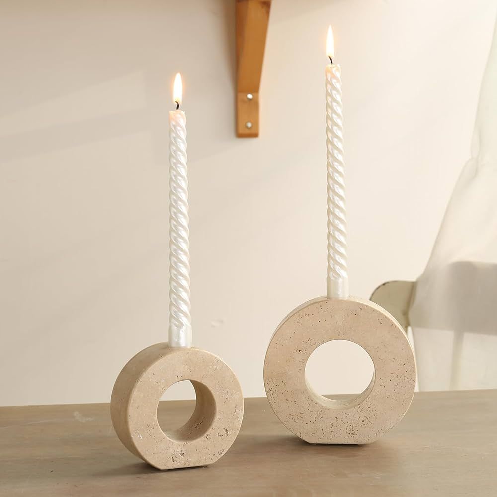 HAMAKAWA Marble Candle Holders Set of 2, Natural Beige Travertine Stone Candlestick Holders fit ... | Amazon (US)