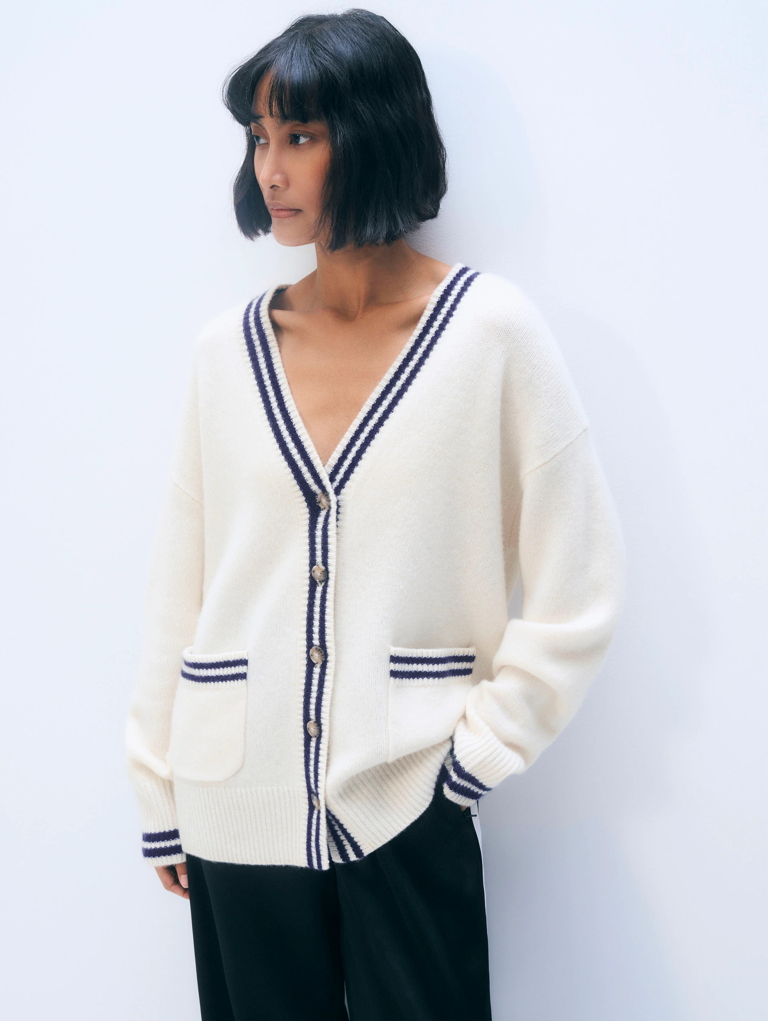 Cashmere Varsity Cardigan | Soft White/Navy | White and Warren