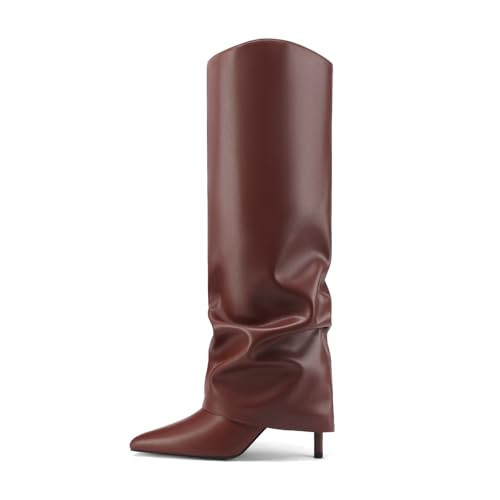 Vaslemuse Womens Knee High Boots Fold Over Stiletto Heels Slouchy Boots Pointed Toe Sexy Long Boots Shark Tall Shoes with Side Zipper - Brown 7.5 | Amazon (US)