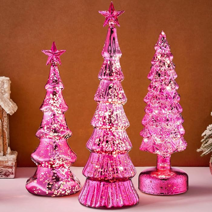 3 Pack Glass Christmas Trees Decor Lighted Christmas Tree Tabletop Glitter Centerpiece Decoration... | Amazon (US)