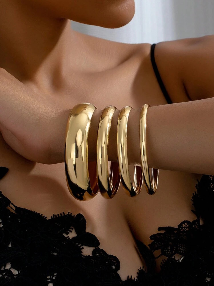 4pcs Simple Wide Cuff Bracelet Set For Women, Glossy Surface, Perfect For Parties And Street Wear... | SHEIN