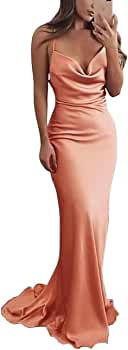 Spaghetti Straps Mermaid Bridesmaid Dresses Silk Satin Cowl Neck Formal Evening Dress Wedding Gue... | Amazon (US)