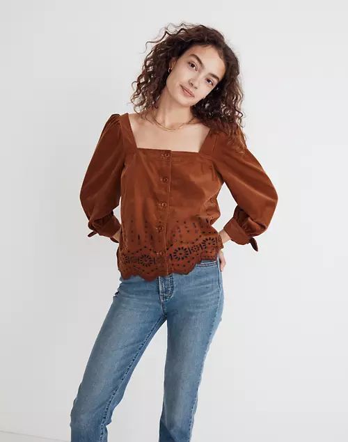 Embroidered Eyelet Corduroy Tie-Sleeve Top | Madewell