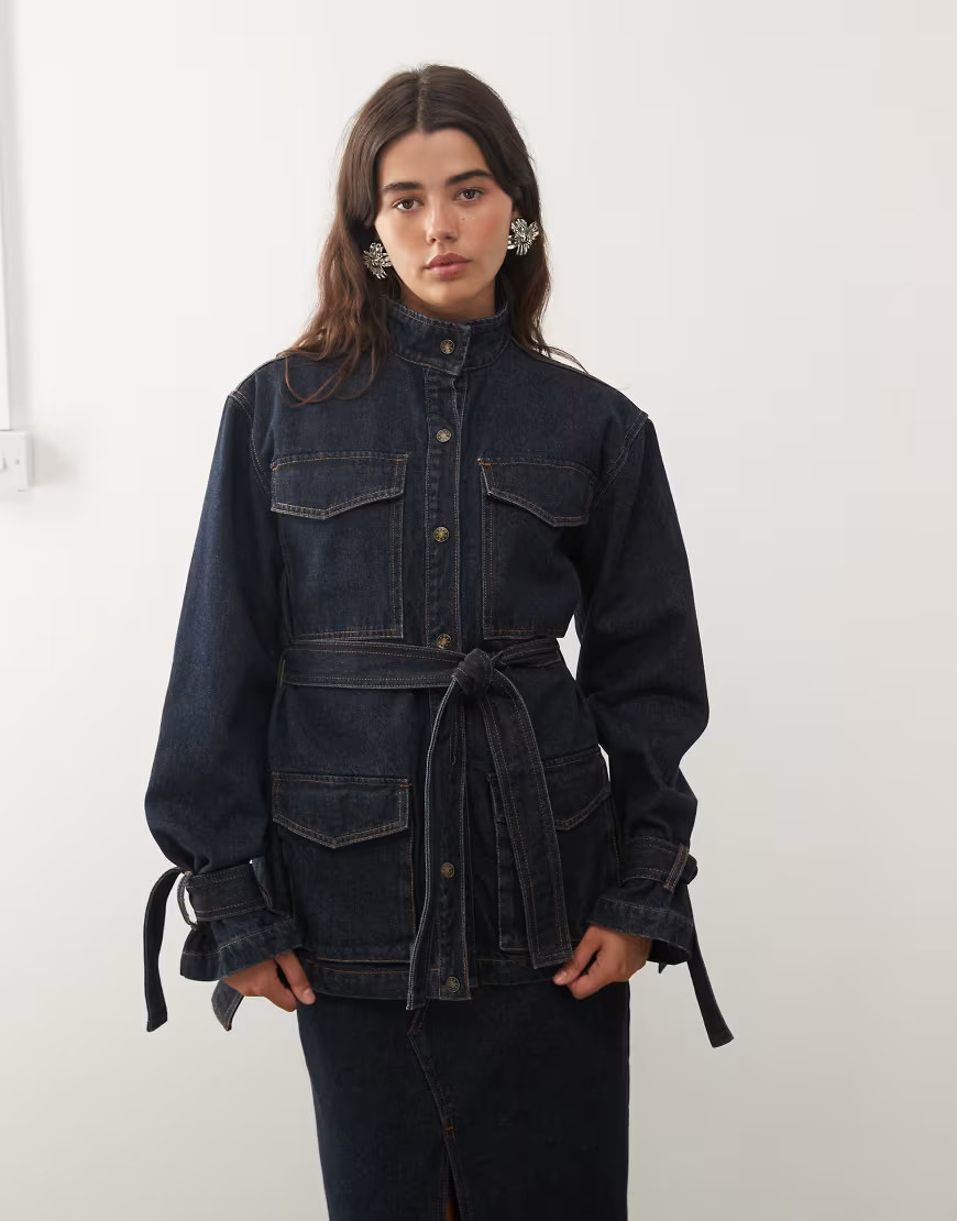 Lioness Sweetness high neck belted cinch waist tie sleeve longline denim jacket in indigo-Blue | ASOS (Global)