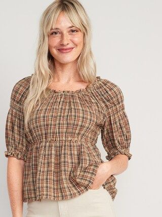 Fitted Puff-Sleeve Plaid Top for Women | Old Navy (US)