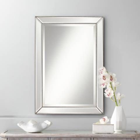 Roseau Silver Pewter 24" x 34" Beaded Wall Mirror | Lamps Plus