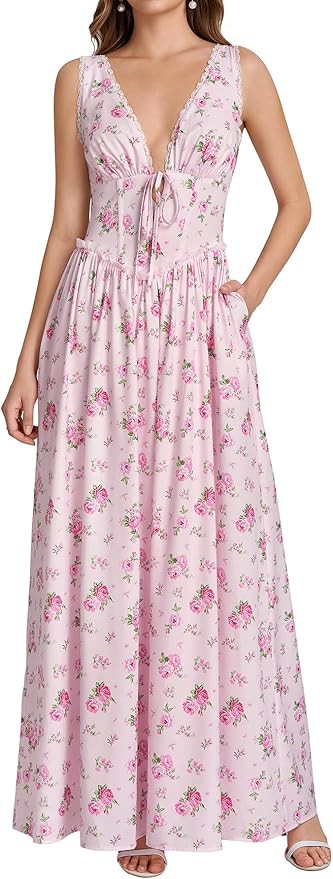 Parthea Women Floral Corset Maxi Dress V Neck Lace Trim Flowy A Line Sundresses Tea Party Formal ... | Amazon (US)