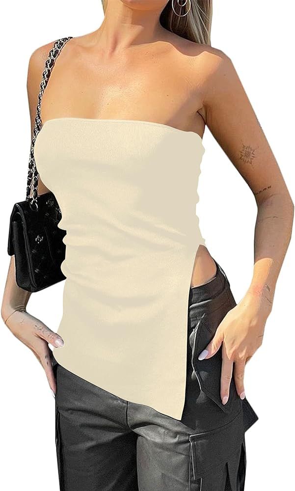 Lauweion Women's Strapless Knit Bandeau Tube Top Asymmetrical Slit Hem Solid Slim Fitted Y2K Sexy... | Amazon (US)