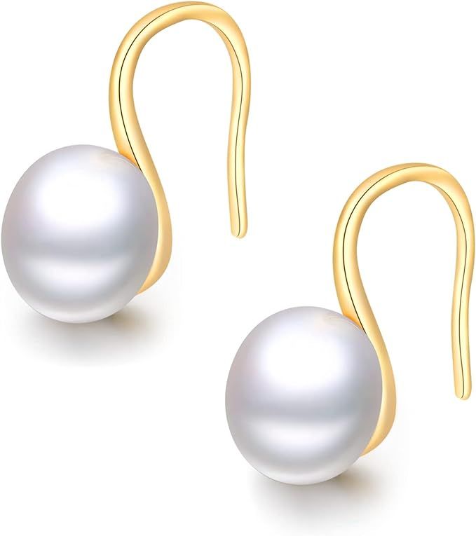 PearlLives White Pearl Drop Dangle Earrings 18K Gold Plated Sterling Silver For Sensitive Ears Hy... | Amazon (US)