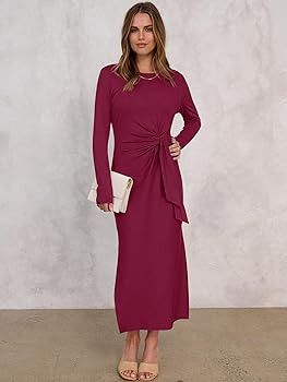 ANRABESS Womens 2025 Fall Long Sleeve Maxi Dress Crewneck Tie Waist Slit Casual Work Long T Shirt... | Amazon (US)