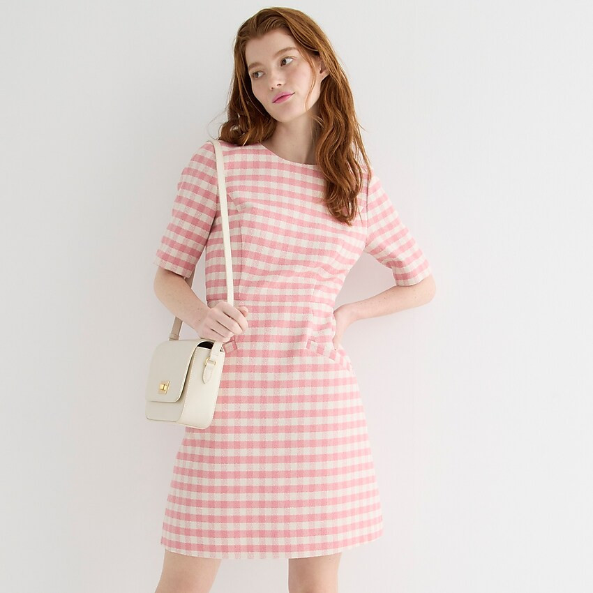 Short-sleeve mini dress in gingham terry tweed | J. Crew US