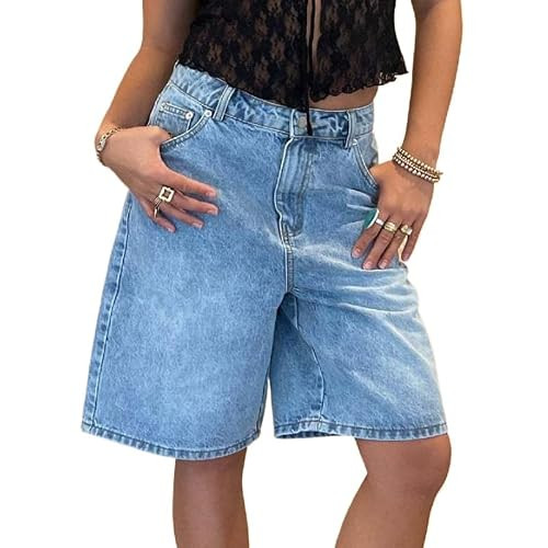 Women Wide Leg Baggy Jean Shorts Vintage Loose Fit Low Rise Bermuda Denim Shorts Summer Jorts Streetwear Y2k Clothes (Sky,Large) | Amazon (US)