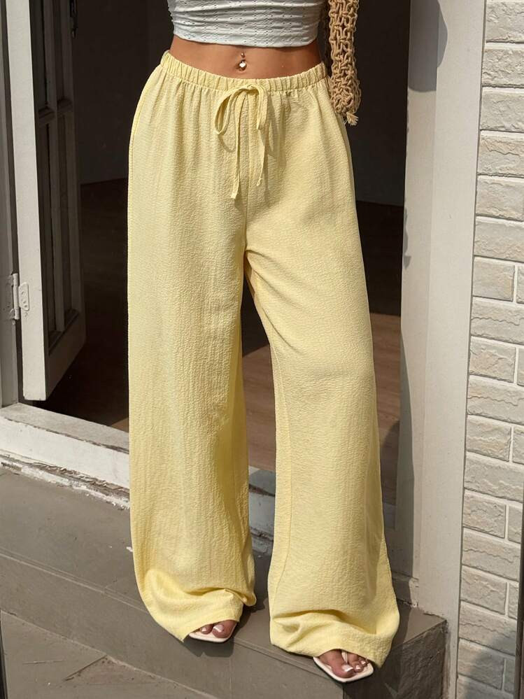 Sunnyshic Women's Casual Vacation Travel Tie-Up Straight Leg Trousers, Yellow, Versatile & Slimming, Woven Fabric, Spring/Summer Fall Cloth For Women | SHEIN