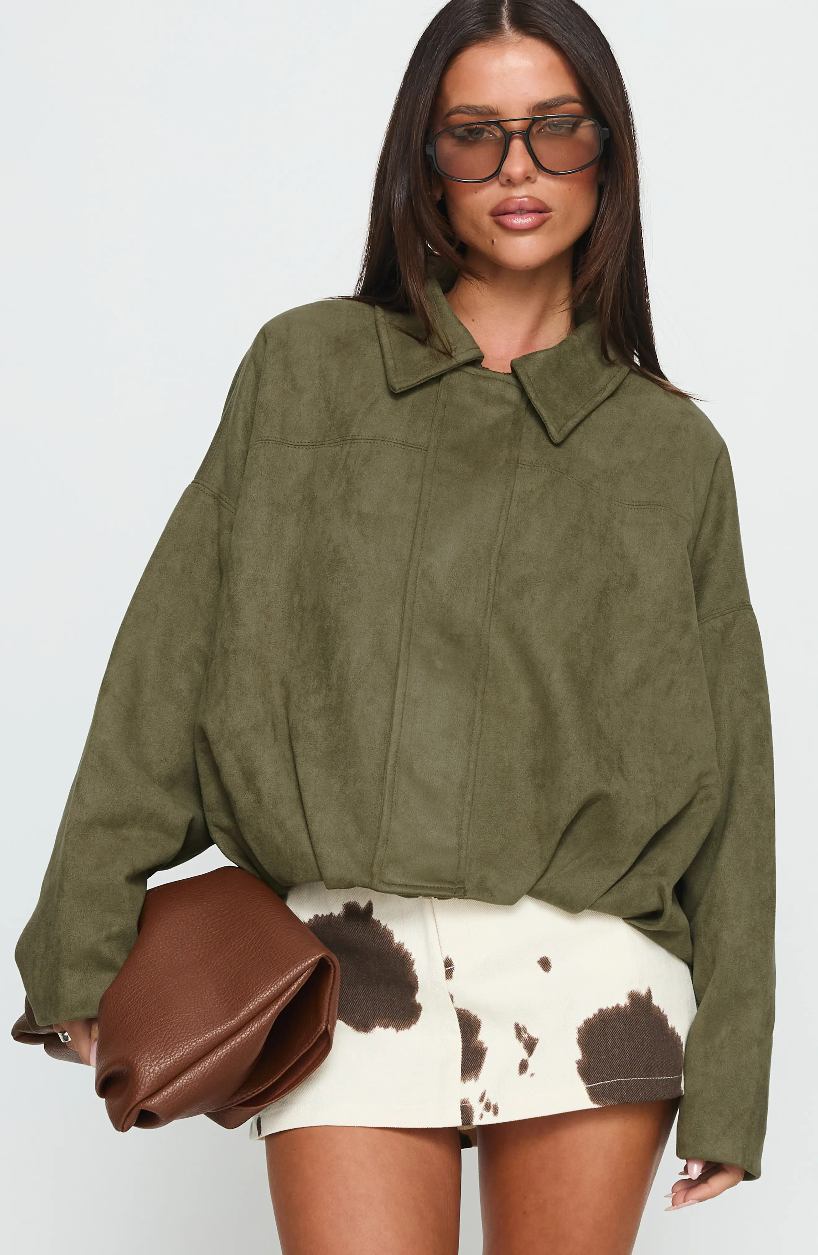 Princess Polly Enlightened Faux Suede Bomber Jacket in Khaki at Nordstrom, Size Small | Nordstrom