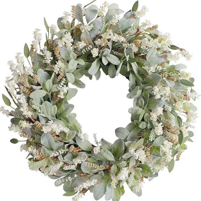 Egolot 24 Inch Summer Spring Ivory Flowers Wreath for Front Door, Everyday Lamb Ears Leaves Wreat... | Amazon (US)