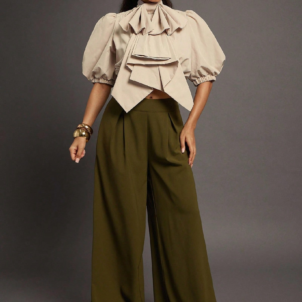 Vixey Exaggerated Bow Puff Sleeve Zip Up Woven Top, Business Casual Woman, Office Outfit | SHEIN