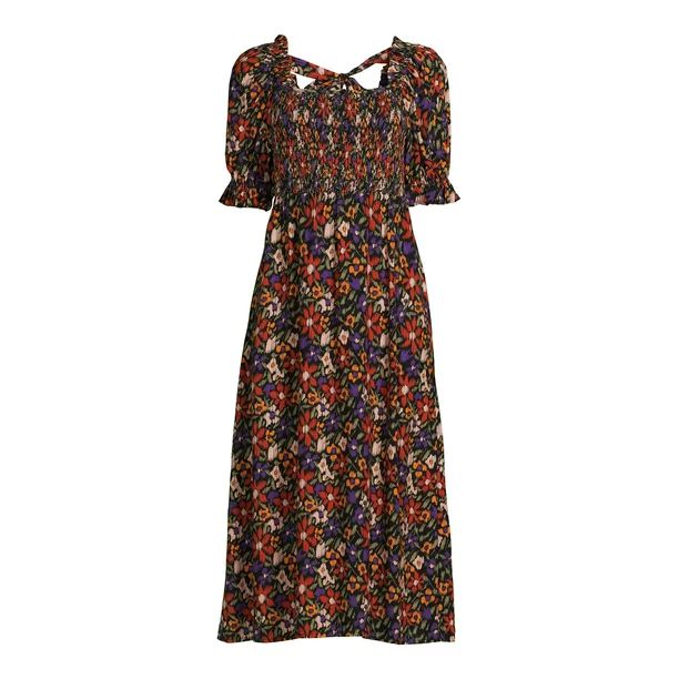 Beachlunchlounge Cataleya Smocked Midi Dress with Back Tie, Womens | Walmart (US)