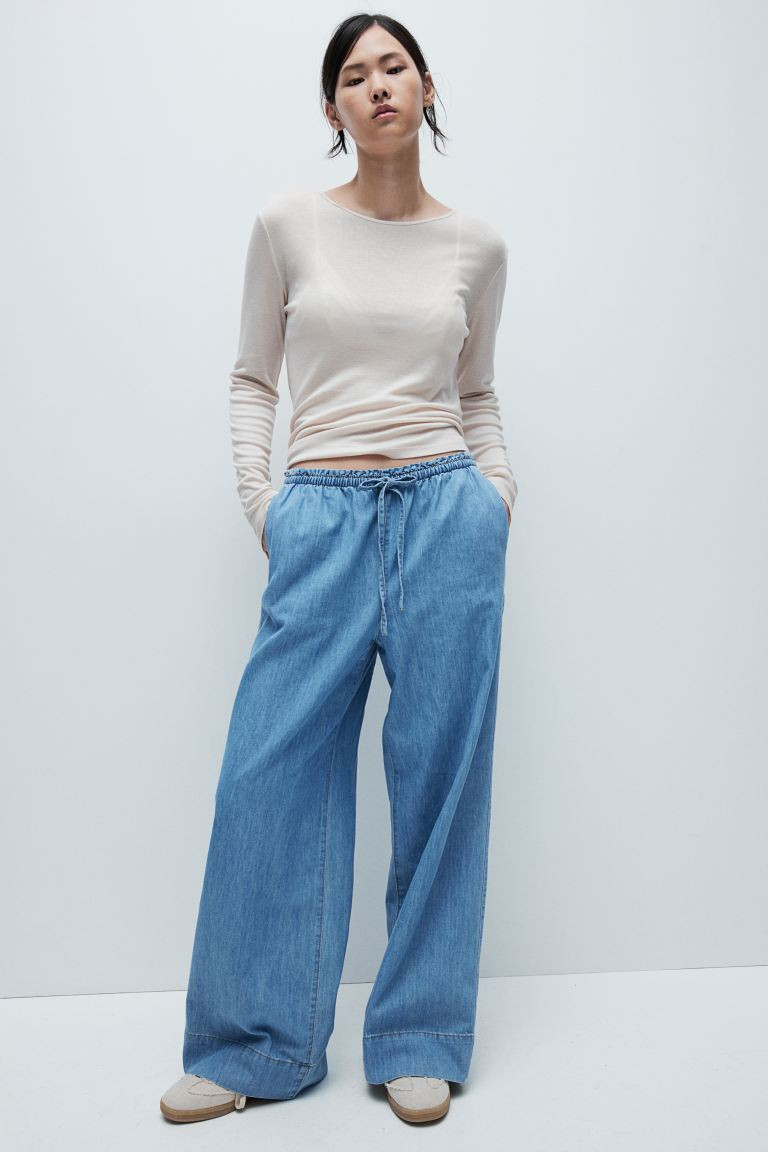 Denim Pull-on Pants - High waist - Long - Denim blue - Ladies | H&M US | H&M (US + CA)