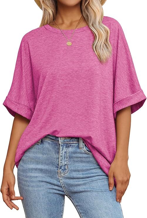ATHMILE Womens Oversized T Shirts Loose Fit Crewneck Short Sleeve Summer Casual Blouse 2024 Y2K T... | Amazon (US)