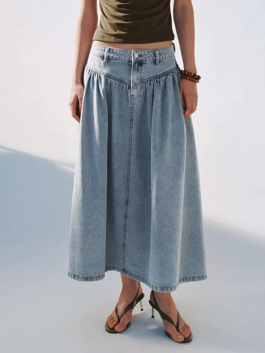 Cotton Shirring Detail Denim Aline Midi Skirts | Urban Revivo