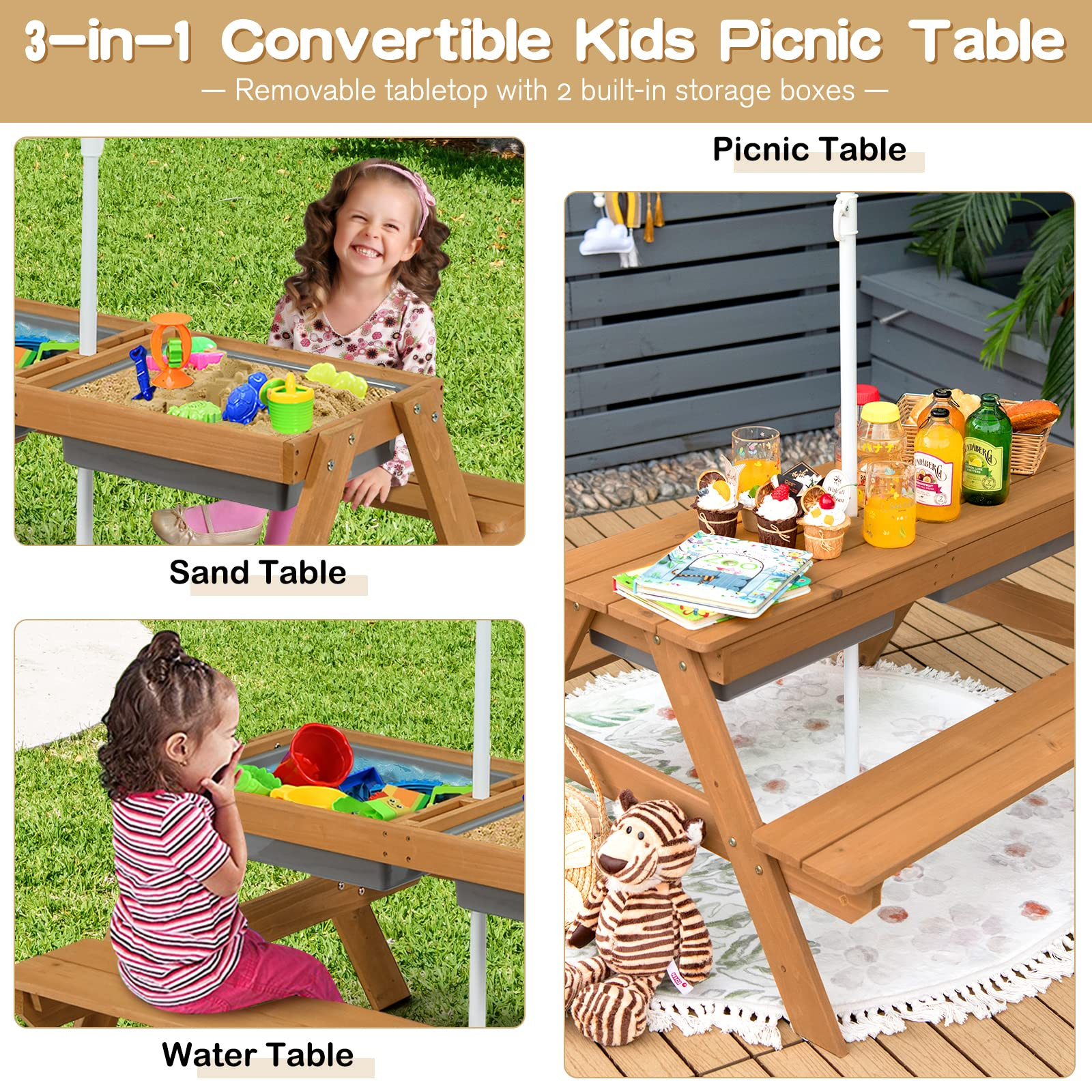 Costzon Kids Picnic Table with Sensory Bins, 4 in 1 Sand and Water Table with Height Adjustable U... | Amazon (US)
