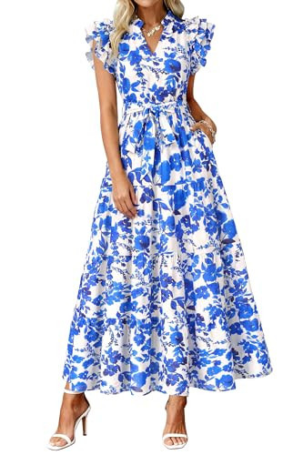dowerme Women Summer Maxi Dresses 2026 Ruffle Sleeve V Neck Floral Boho Long Dress Belted Tiered Sundress with Pockets(White Blue Flower,Large) | Amazon (US)