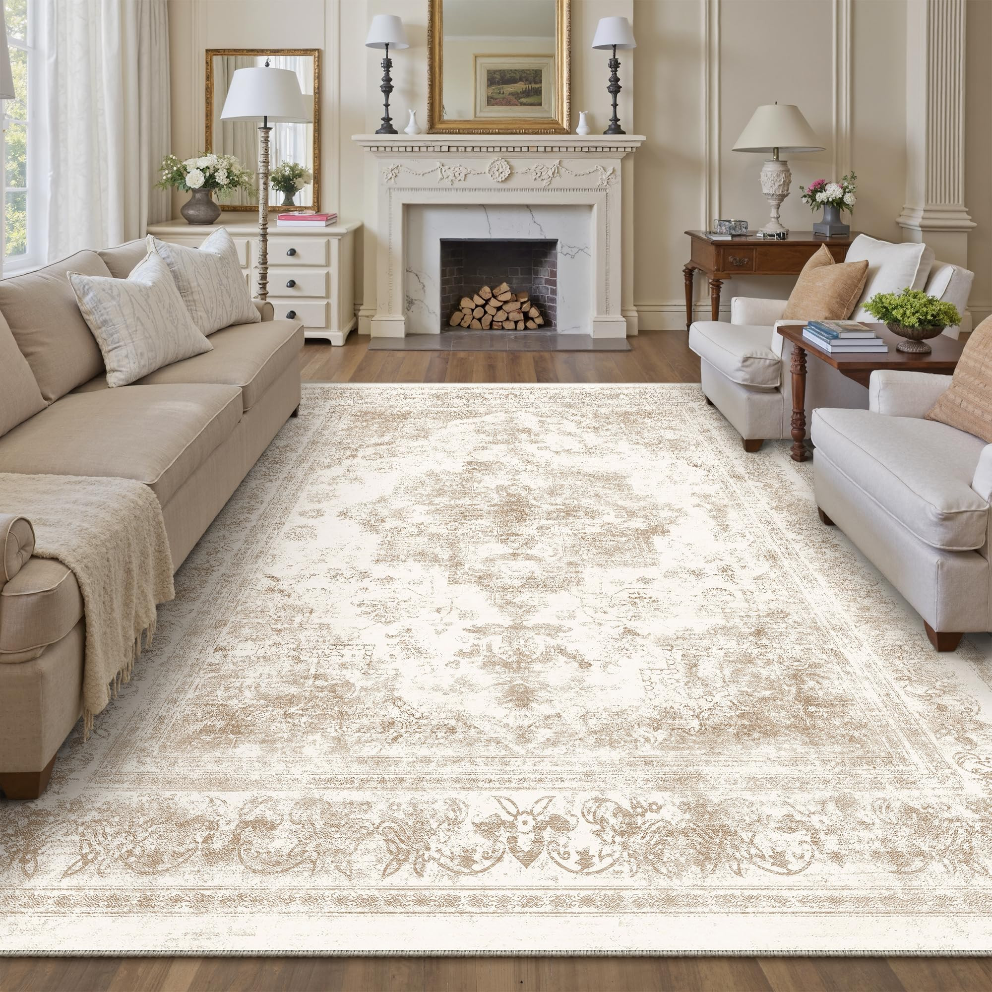 Area Rug 8x10 Cream Washable Living Room Beige Carpet Non Slip Vintage Medallion Indoor Bedroom B... | Amazon (US)