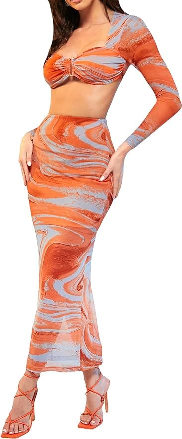 Verdusa Women's 2 Piece Set Slim Fit Marble Print Long Sleeve Crop Top Pencil Skirt | Amazon (US)