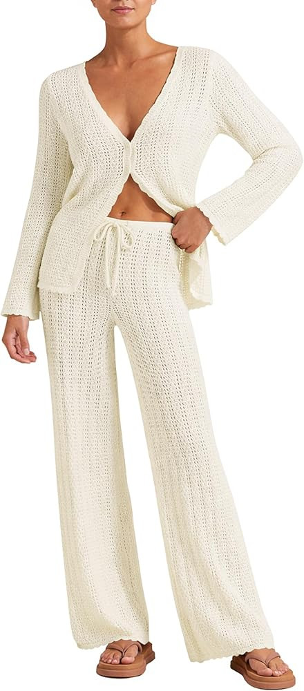 Womens Beach Cover Up Sets 2 Piece Crochet Long Sleeve Button Cardigan Top and Pants Vacation Res... | Amazon (US)