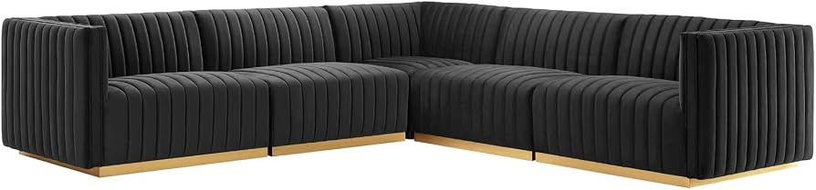 Modway Conjure Channel Tufted Performance Velvet Sectional, 5-Piece Left L-Shaped Sofa, Gold Blac... | Amazon (US)