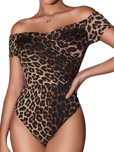 Milumia Women's Leopard Short Sleeve Off The Shoulder Skinny Tops Bodysuit Jumpsuit Leopard Brown Large | Amazon (US)