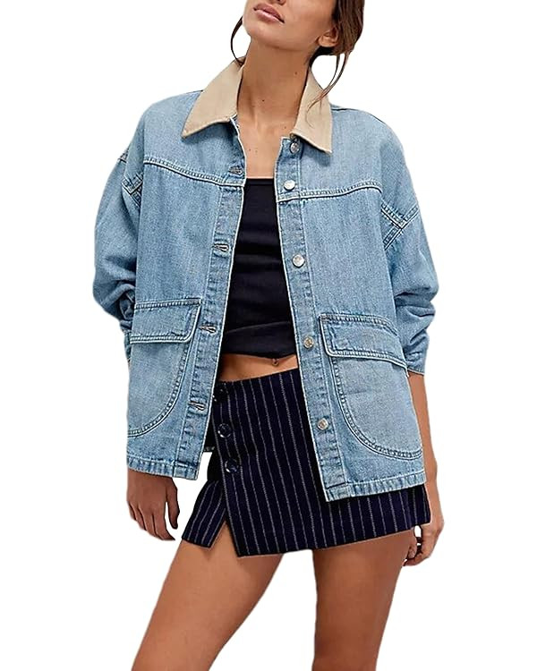 Lumister Women's Oversized Denim Jacket with Contrast Trim Long Sleeve Button Down Jean Coat with... | Amazon (US)