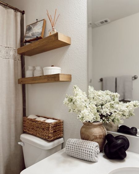 Bathroom Decor
+ shelves are in “natural” color
+ lots of Walmart finds here
+ beautiful faux florals for spring

#bathroom #shelves #guestbathroom #shelfdecor #primarybathroom #smallbathroom #bathroomstyling #springdecor #affordablehomedecor #budgetfriendly #budgetdecor #neutralhome #modernorganic #modernclassic #modernfarmhouse #bathroominspo #shelves #powderroom #halfbathroom #halfbath #bathroomshelves 

#LTKfindsunder100 #LTKfindsunder50 #LTKhome