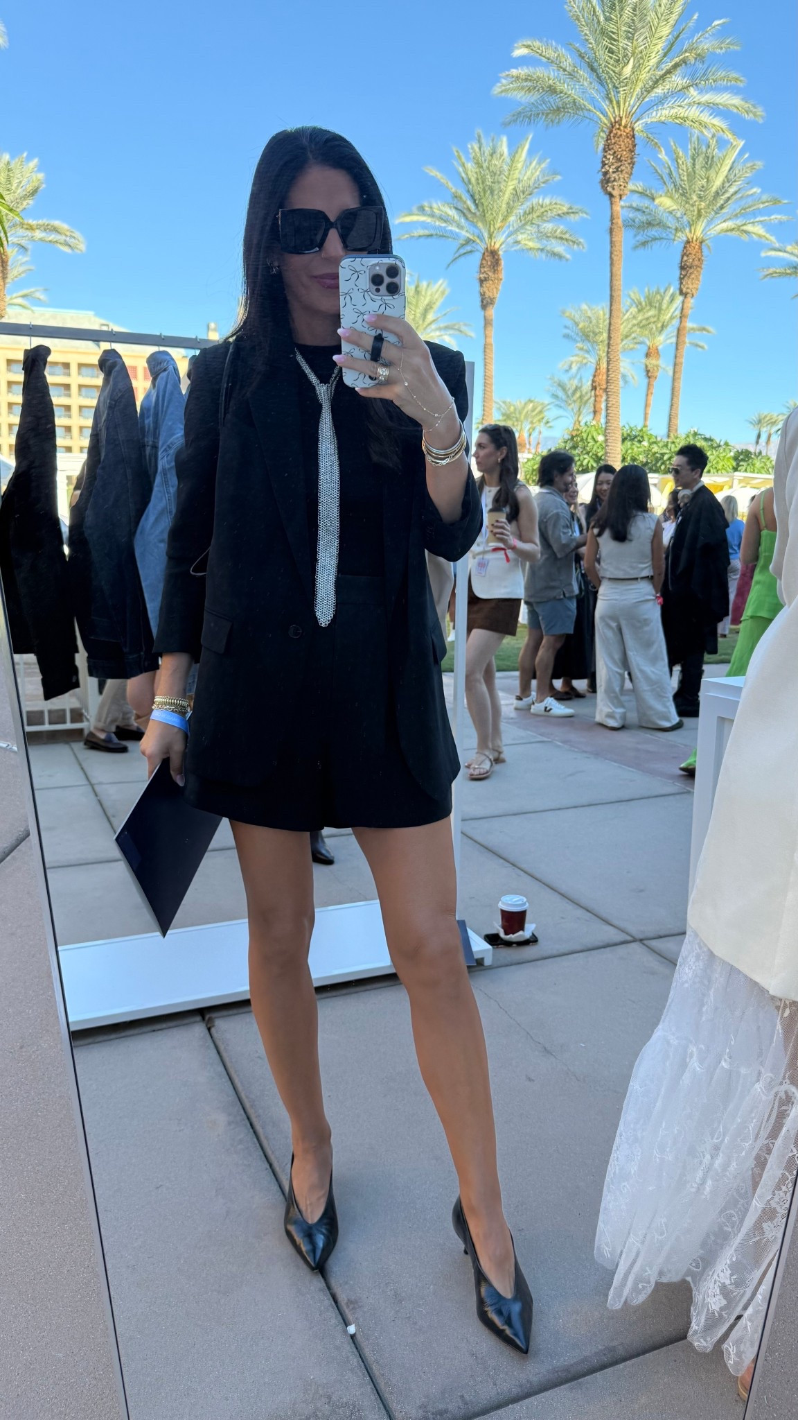 Monochromatic look for day 1 of Amazon SUMMIT 
blazer - medium 
Shorts- 4 or a size 4 
This bag is a designer look for less 