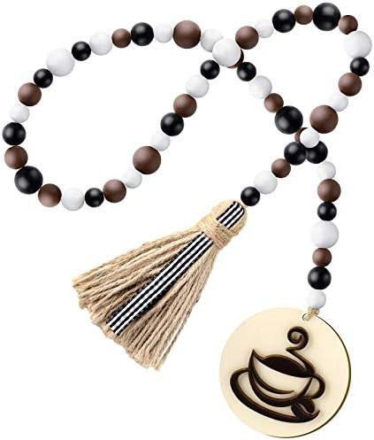 Jetec Coffee Wood Bead Garland, Rustic Farmhouse Wooden Bead Garland with Tassels and Coffee Tag, Ha | Amazon (US)