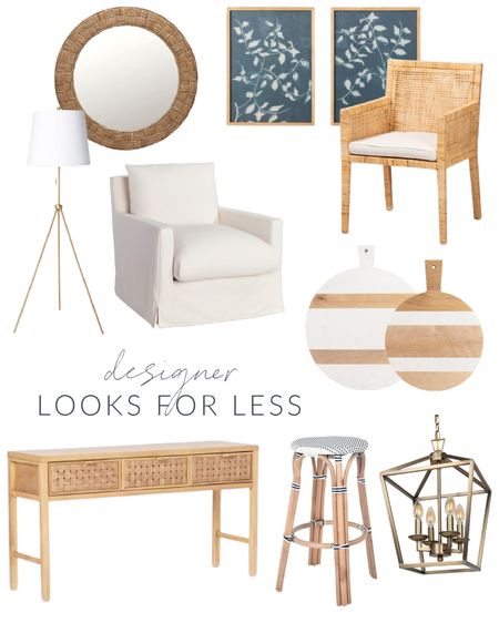 Designer looks for less include a round rope wall mirror, blue and white honeysuckle wall art, a natural finish rattan chair, a tripod floor lamp, an upholstered swivel chair, cutting boards, a white and black barstool, a woven drawer console in a natural finish and a four-light chandelier. 

look for less home, designer inspired, beach house look, amazon haul, amazon must haves, area rug amazon, home decor, Amazon finds, Amazon home decor, simple decor, target home décor, amazon faux trees, Walmart home décor, walmart finds, targetfanatic, targetdoesitagain, target home, studio mcgee, target finds, walmart chair, dining chairs, living room chairs, world market chairs, amazon mirrors, target wall art, canvas art, neutral design, island bar stool, kitchen accessories, charcuterie boards, wall mirror, kitchen decor, simple decor, coastal decorating, coastal design, coastal inspiration #ltkfamily 

#LTKSeasonal #LTKstyletip #LTKunder50 #LTKunder100 #LTKhome #LTKsalealert #LTKhome #LTKunder50 #LTKunder100