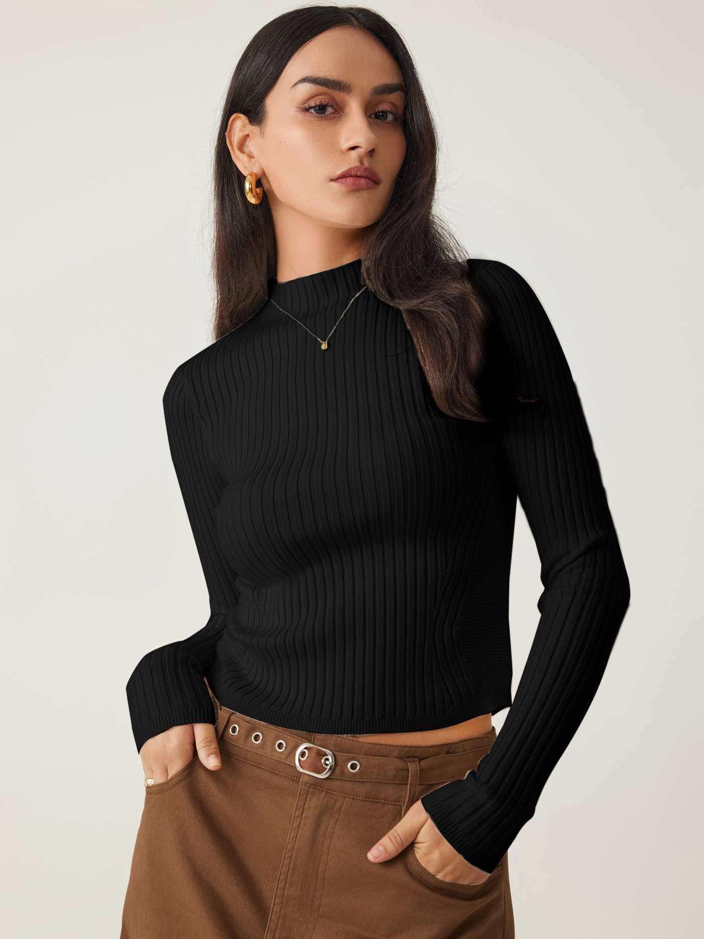Rib Knit Stand Neck Solid Long Sleeve Top | Cider