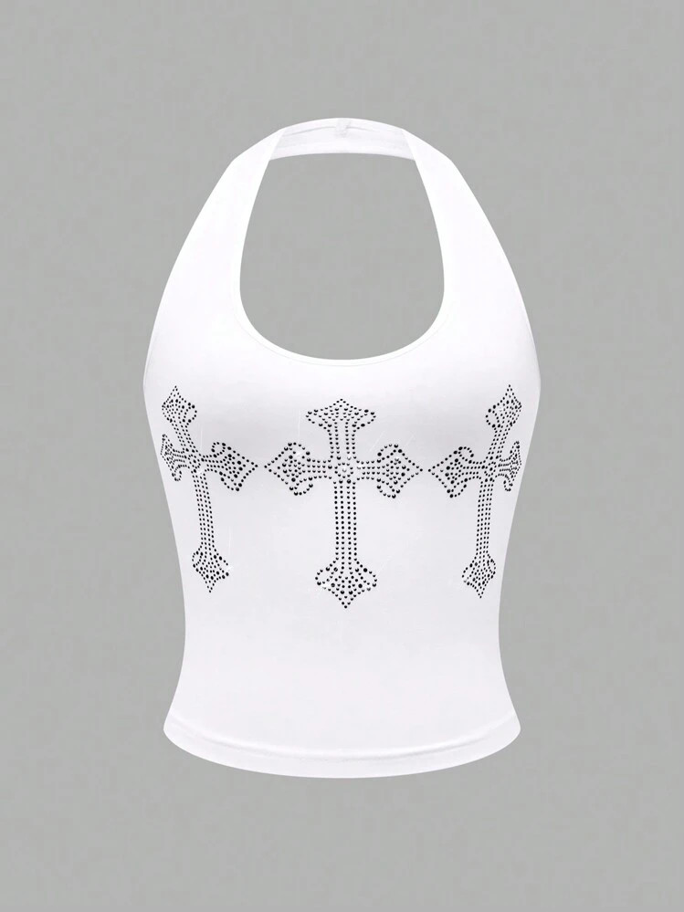 SHEIN MOOSTA Women's Cross Rhinestone Detail Halter Neck Tank Top Graphic Tees Women Tops | SHEIN