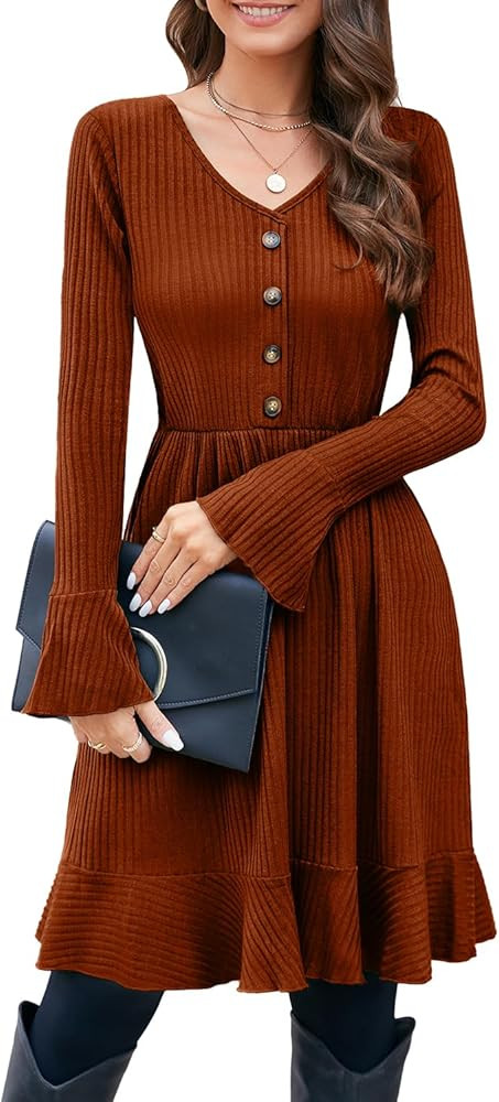 ULTRANICE Strickkleid Damen Herbstkleid Winterkleid V Ausschnitt Pulloverkleid mit Deko Knopf Her... | Amazon (DE)