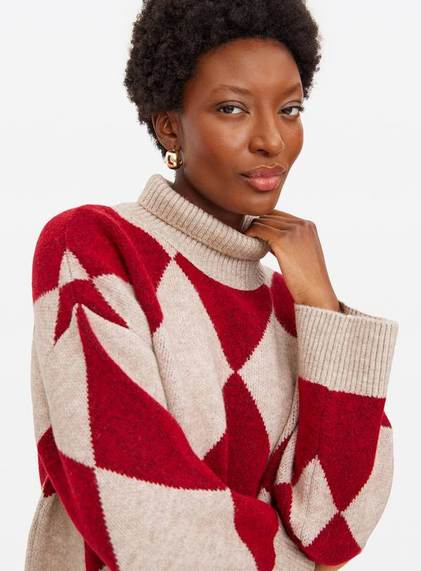 Red And Oatmeal Argyle Knitted Jumper M | Tu Clothing