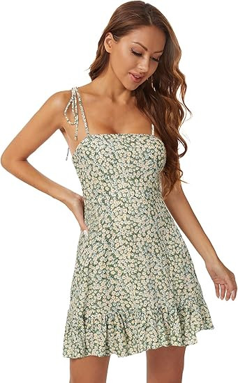 SheIn Women's Summer Floral Ruffle Mini Dress Sleeveless Tie Shoulder A Line Flare Short Dresses ... | Amazon (US)