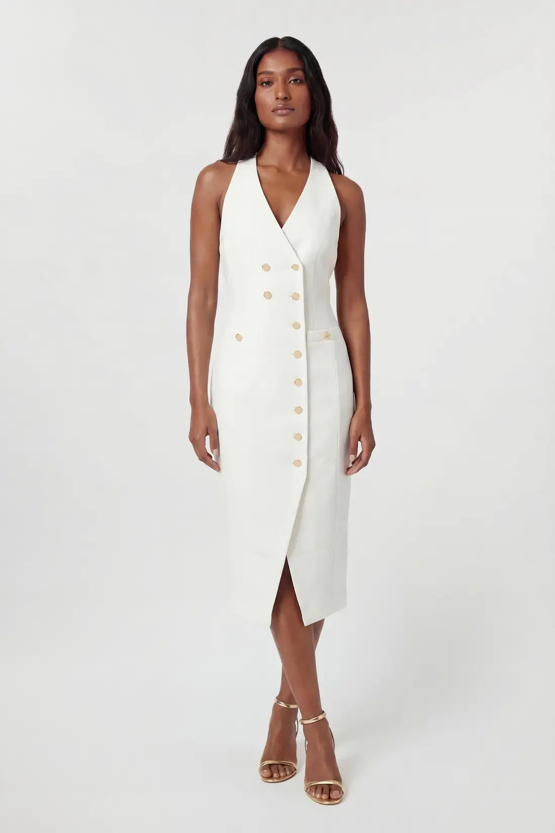 Textured Compact Stretch V Neck Button Detail Midi Dress | Karen Millen