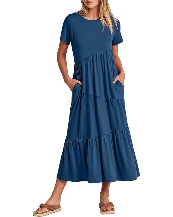 ANRABESS Womens Summer Casual Short Sleeve Crewneck Swing Maxi Dress Flowy Asymmetric Tiered Beac... | Amazon (US)
